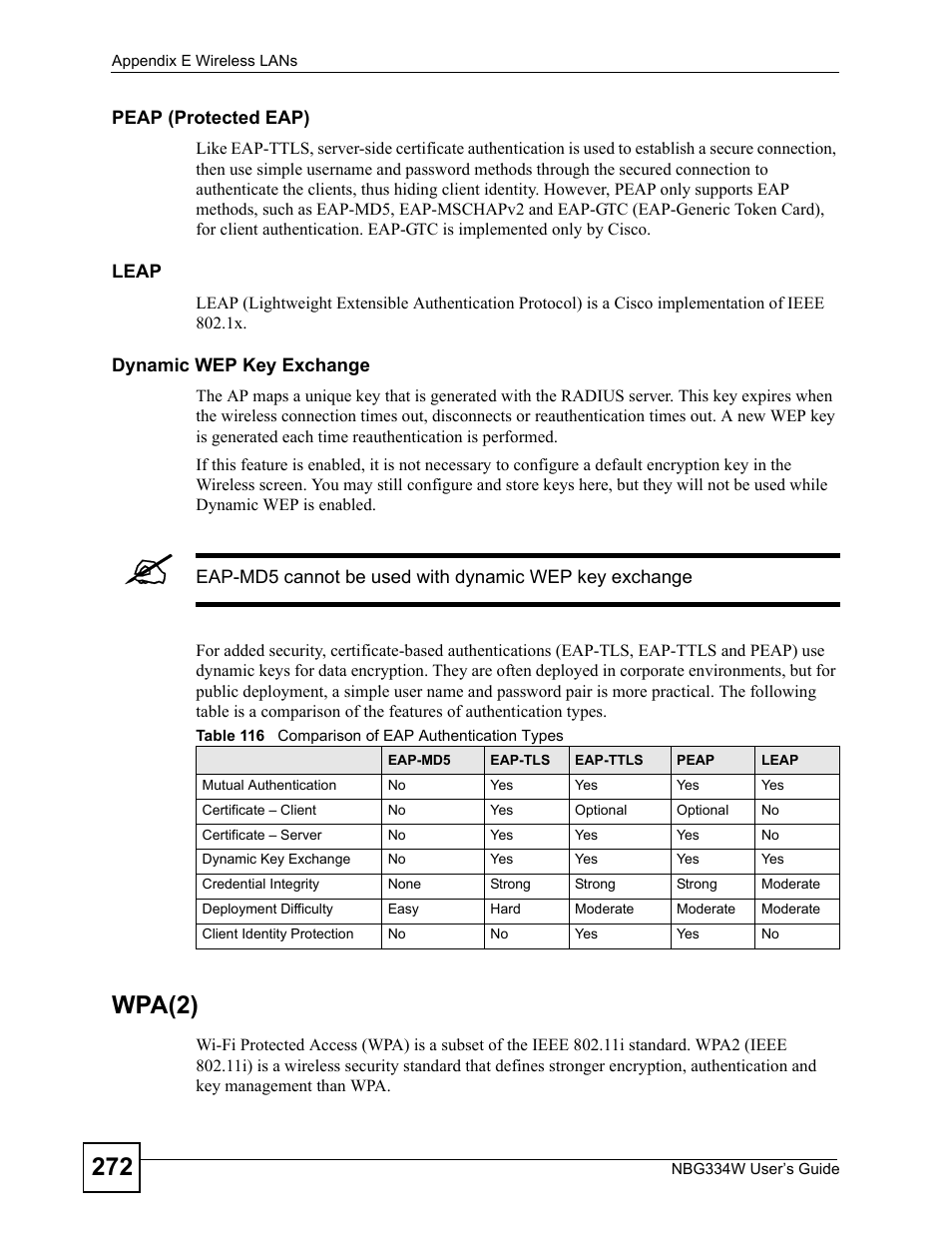 Table 116 comparison of eap authentication types, Wpa(2) | ZyXEL Communications NBG334W User Manual | Page 272 / 296