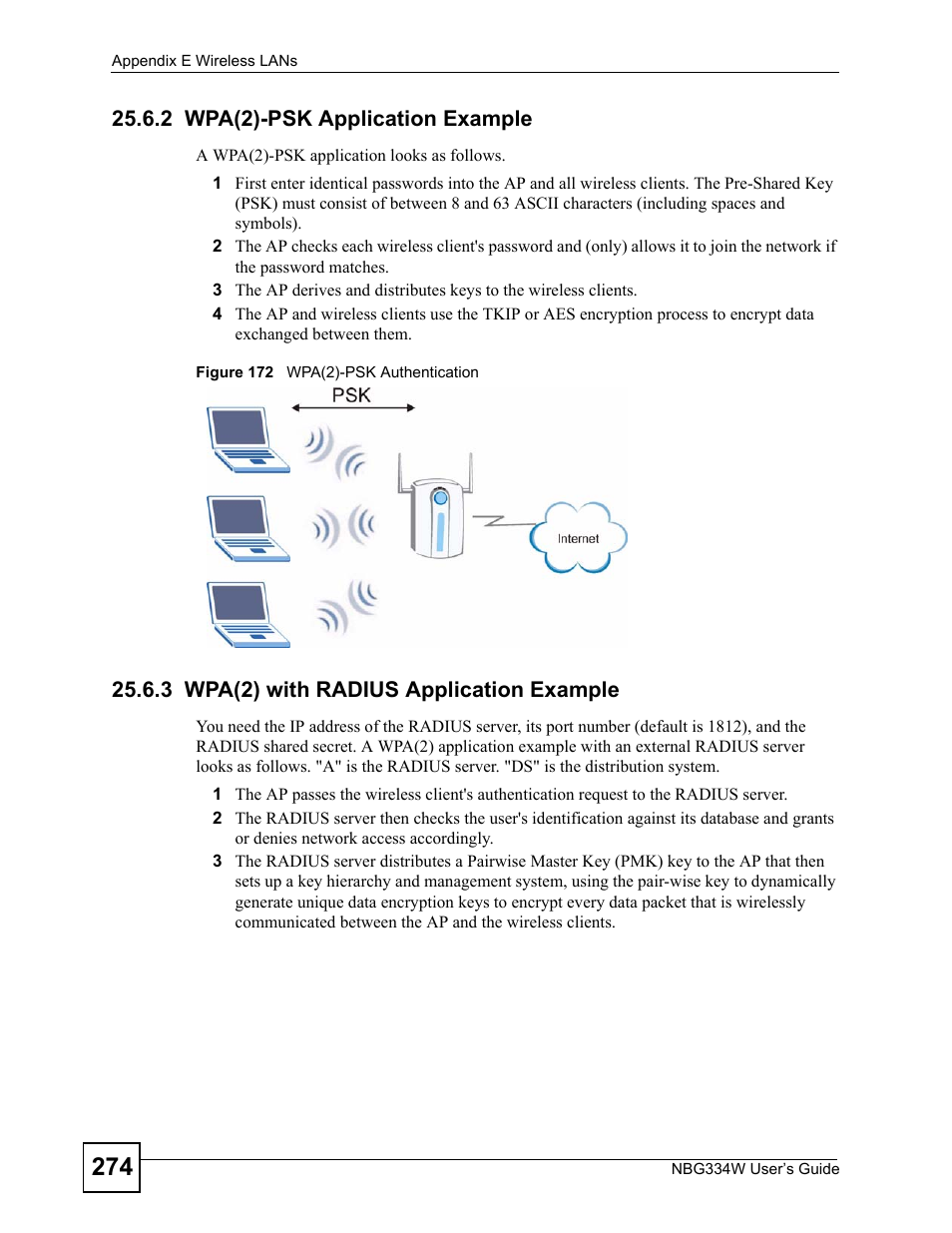 2 wpa(2)-psk application example, 3 wpa(2) with radius application example, Figure 172 wpa(2)-psk authentication | ZyXEL Communications NBG334W User Manual | Page 274 / 296