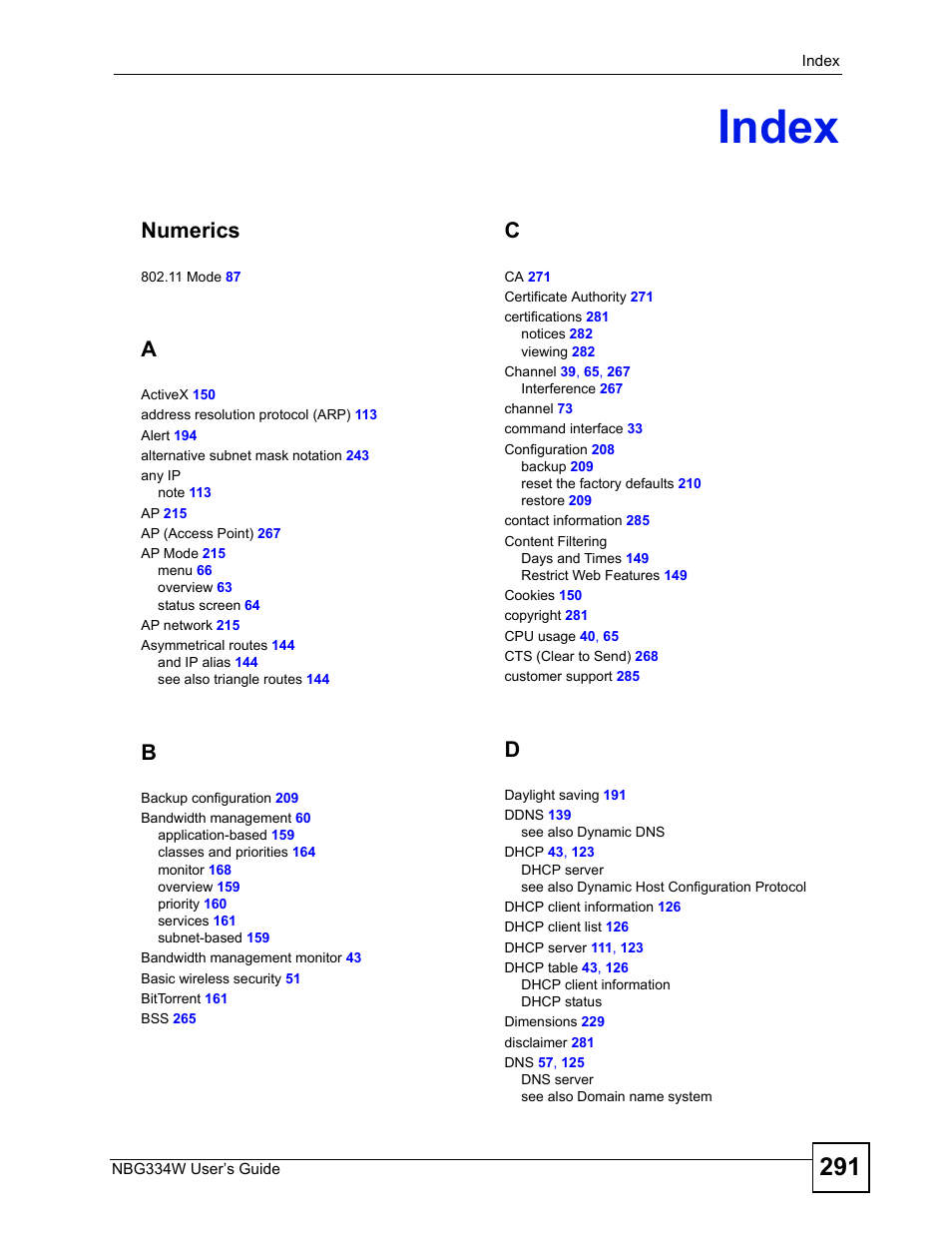 Index, Index (291), Numerics | ZyXEL Communications NBG334W User Manual | Page 291 / 296
