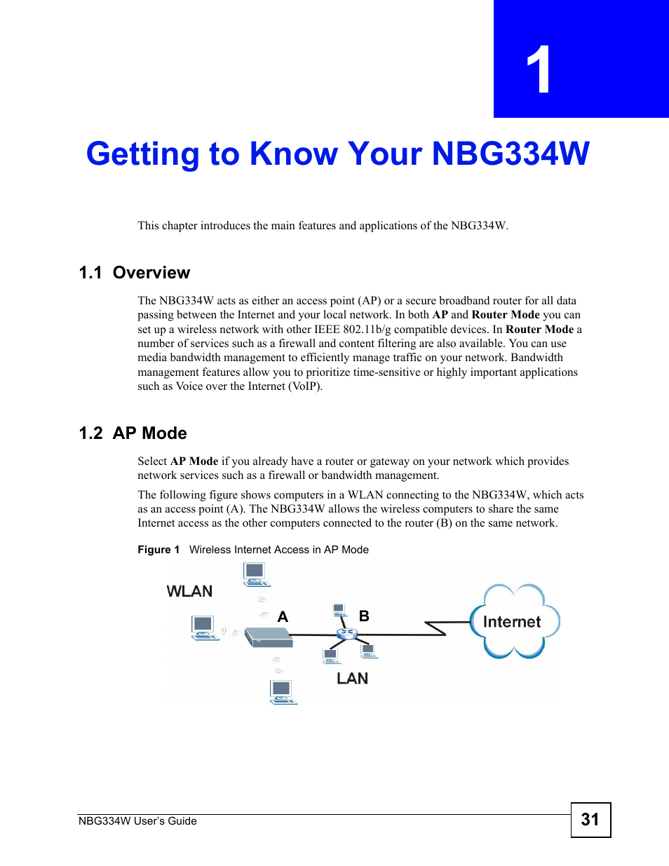 Getting to know your nbg334w, 1 overview, 2 ap mode | Chapter 1 getting to know your nbg334w, 1 overview 1.2 ap mode, Figure 1 wireless internet access in ap mode, Getting to know your nbg334w (31) | ZyXEL Communications NBG334W User Manual | Page 31 / 296