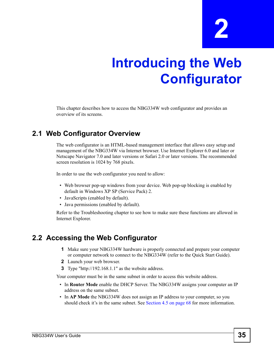 Introducing the web configurator, 1 web configurator overview, 2 accessing the web configurator | Chapter 2 introducing the web configurator, Introducing the web configurator (35) | ZyXEL Communications NBG334W User Manual | Page 35 / 296