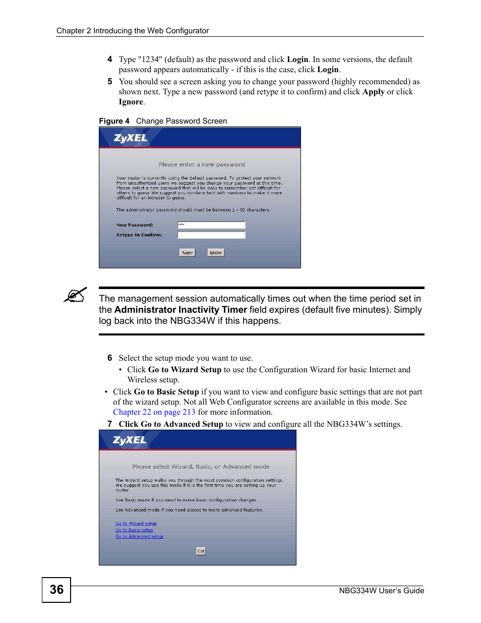 Figure 4 change password screen | ZyXEL Communications NBG334W User Manual | Page 36 / 296