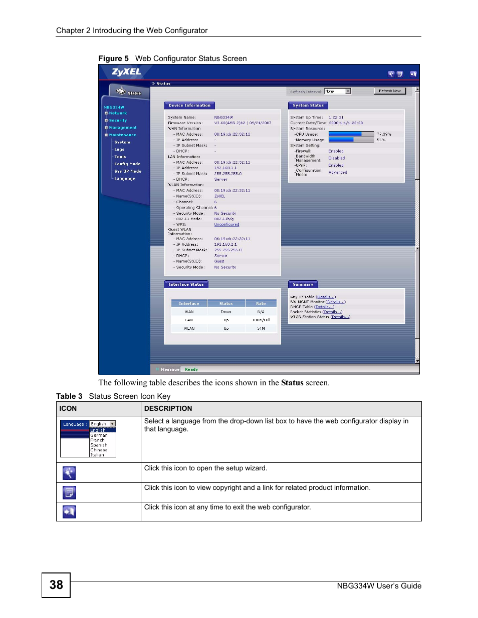 Figure 5 web configurator status screen, Table 3 status screen icon key | ZyXEL Communications NBG334W User Manual | Page 38 / 296