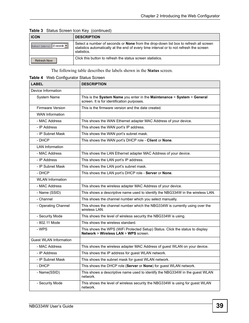 Table 4 web configurator status screen | ZyXEL Communications NBG334W User Manual | Page 39 / 296