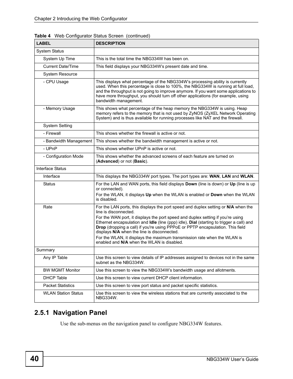 1 navigation panel | ZyXEL Communications NBG334W User Manual | Page 40 / 296