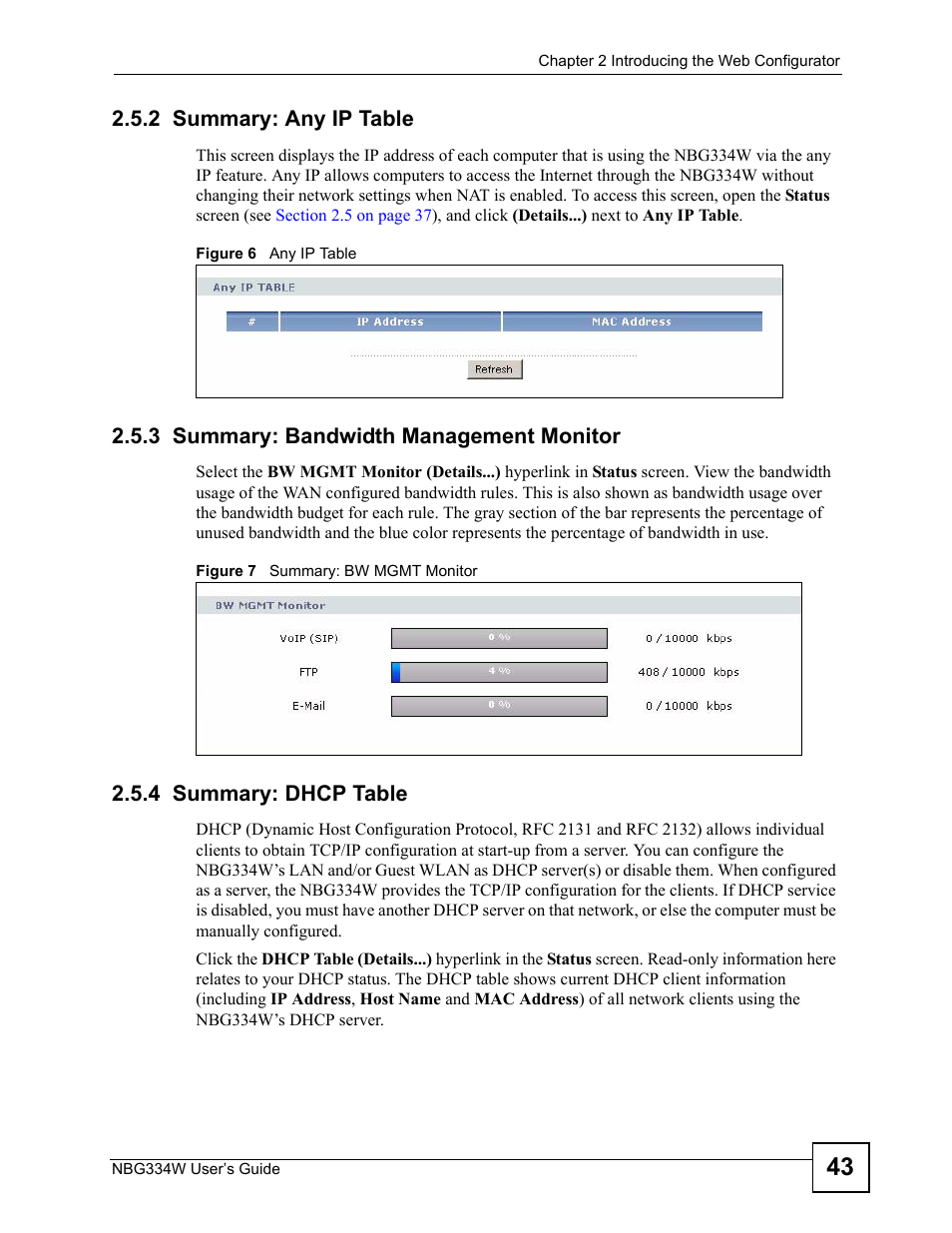 2 summary: any ip table, 3 summary: bandwidth management monitor, 4 summary: dhcp table | ZyXEL Communications NBG334W User Manual | Page 43 / 296