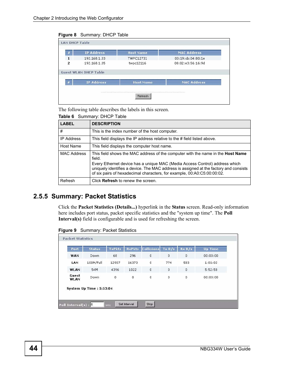 5 summary: packet statistics, Table 6 summary: dhcp table | ZyXEL Communications NBG334W User Manual | Page 44 / 296