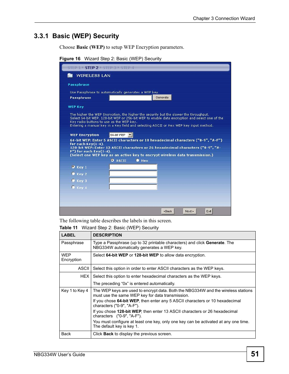 1 basic (wep) security, Figure 16 wizard step 2: basic (wep) security, Table 11 wizard step 2: basic (wep) security | ZyXEL Communications NBG334W User Manual | Page 51 / 296