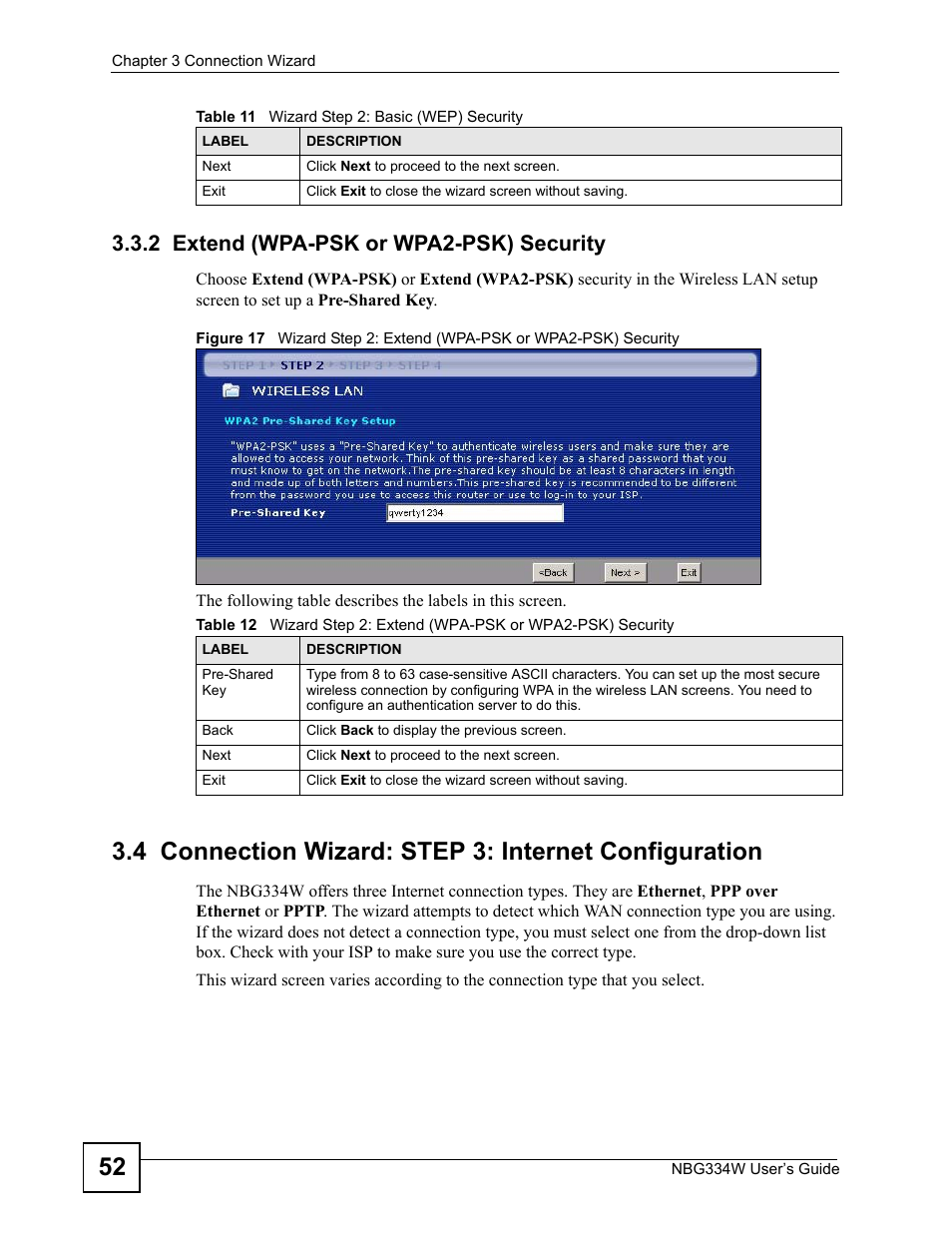 2 extend (wpa-psk or wpa2-psk) security | ZyXEL Communications NBG334W User Manual | Page 52 / 296