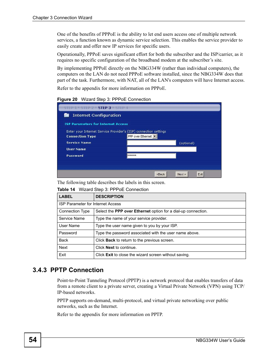 3 pptp connection, Figure 20 wizard step 3: pppoe connection, Table 14 wizard step 3: pppoe connection | ZyXEL Communications NBG334W User Manual | Page 54 / 296