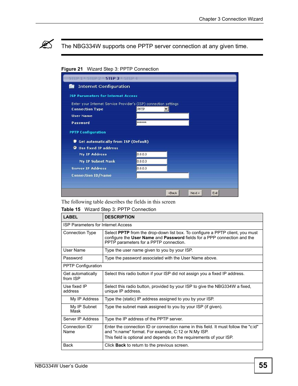 Figure 21 wizard step 3: pptp connection, Table 15 wizard step 3: pptp connection | ZyXEL Communications NBG334W User Manual | Page 55 / 296