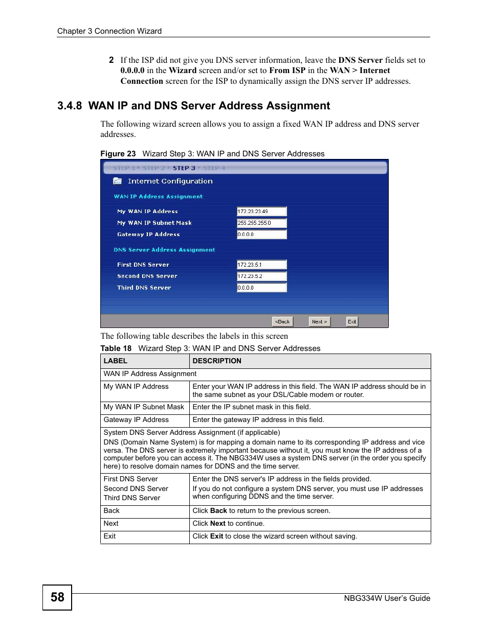 8 wan ip and dns server address assignment | ZyXEL Communications NBG334W User Manual | Page 58 / 296