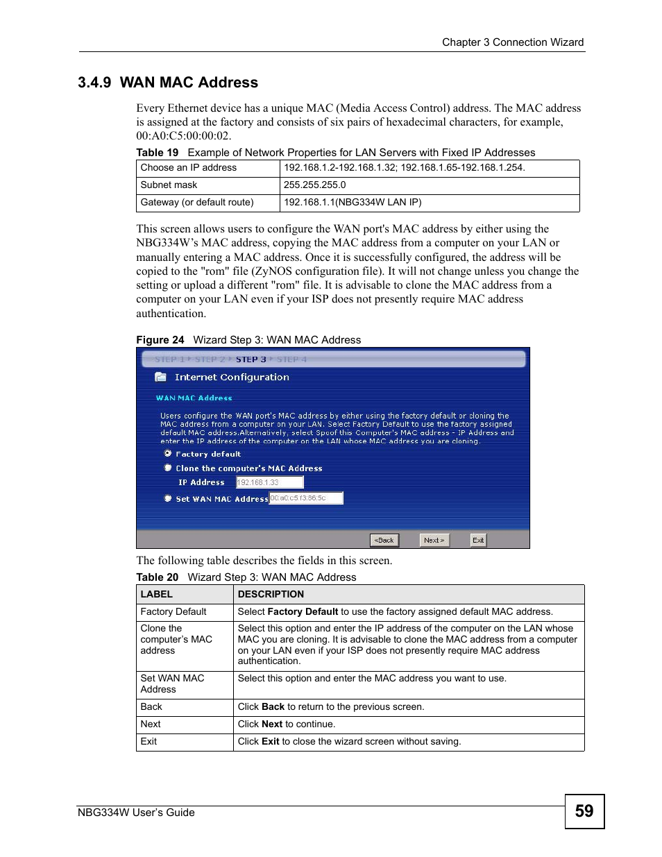 9 wan mac address, Figure 24 wizard step 3: wan mac address | ZyXEL Communications NBG334W User Manual | Page 59 / 296