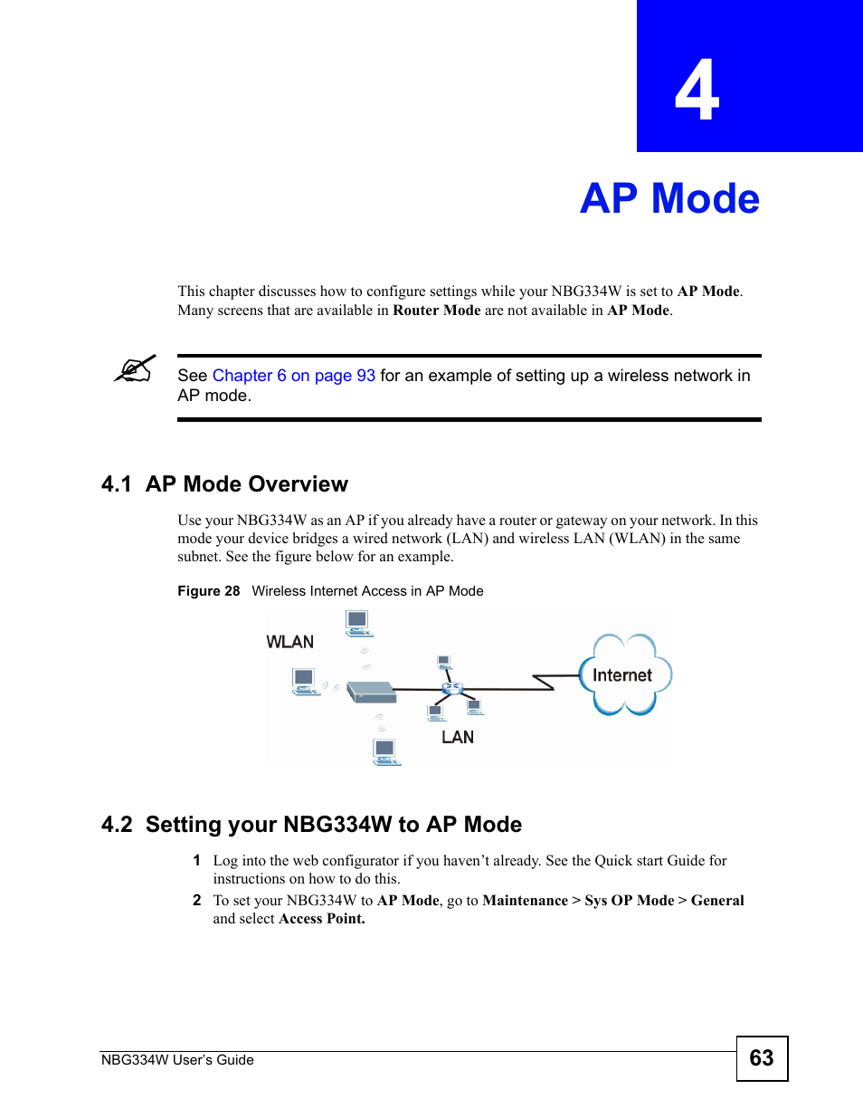 Ap mode, 1 ap mode overview, 2 setting your nbg334w to ap mode | Chapter 4 ap mode, Figure 28 wireless internet access in ap mode, Ap mode (63) | ZyXEL Communications NBG334W User Manual | Page 63 / 296