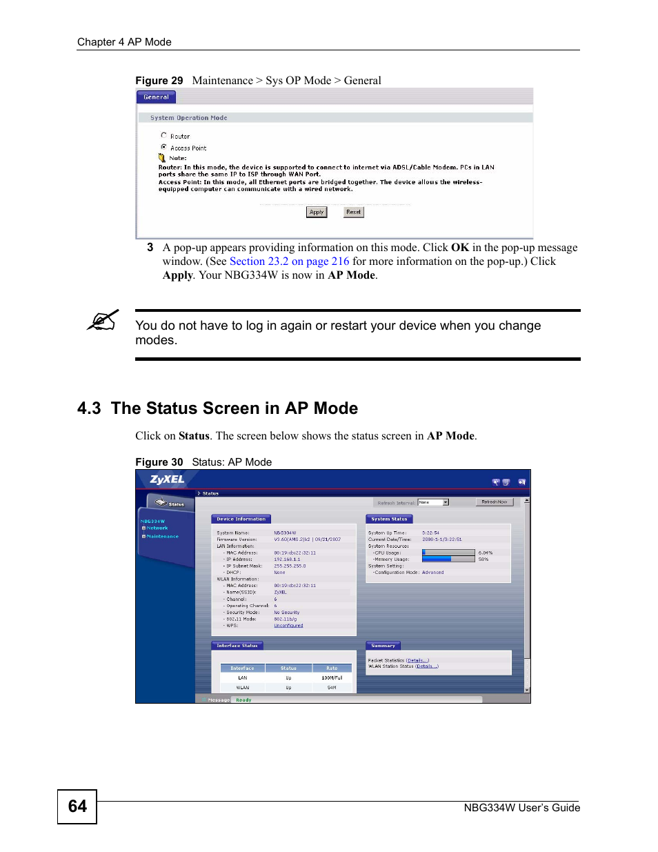 3 the status screen in ap mode | ZyXEL Communications NBG334W User Manual | Page 64 / 296