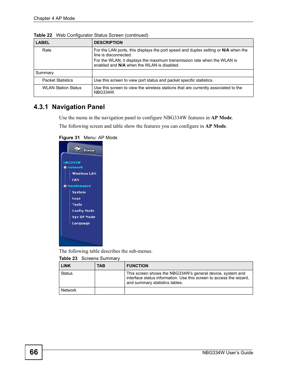 1 navigation panel, Figure 31 menu: ap mode, Table 23 screens summary | ZyXEL Communications NBG334W User Manual | Page 66 / 296