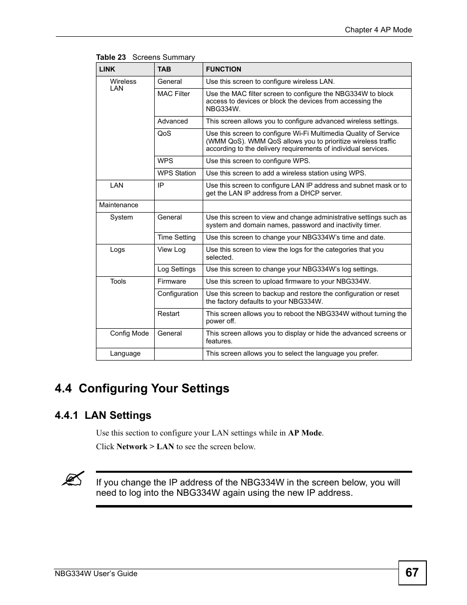 4 configuring your settings, 1 lan settings, 67 4.4 configuring your settings | ZyXEL Communications NBG334W User Manual | Page 67 / 296