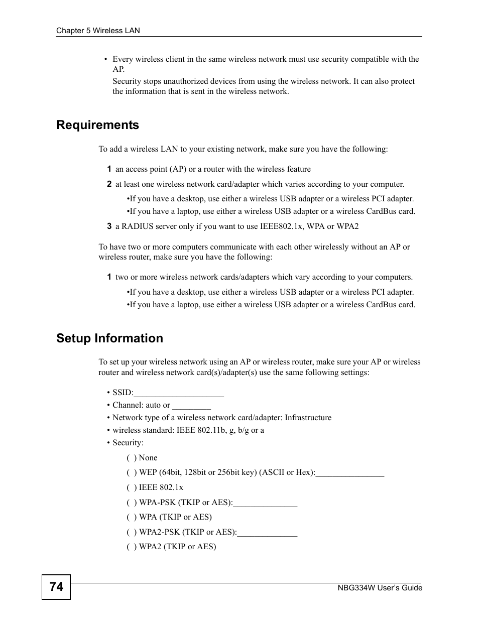 Requirements, Setup information | ZyXEL Communications NBG334W User Manual | Page 74 / 296