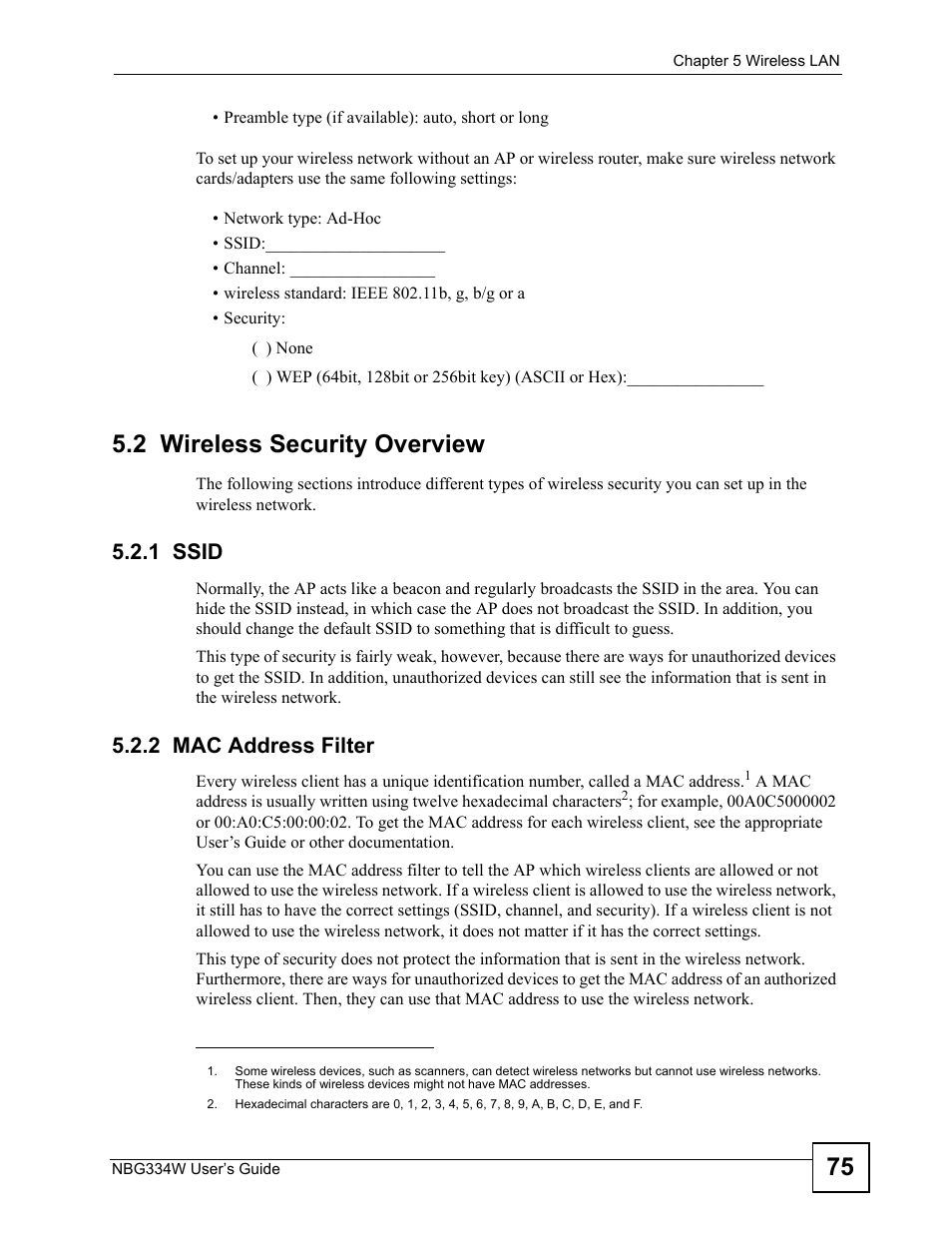 2 wireless security overview, 1 ssid, 2 mac address filter | 1 ssid 5.2.2 mac address filter | ZyXEL Communications NBG334W User Manual | Page 75 / 296