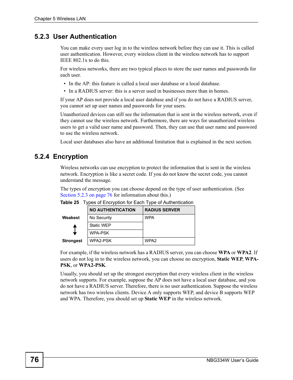 3 user authentication, 4 encryption, 3 user authentication 5.2.4 encryption | ZyXEL Communications NBG334W User Manual | Page 76 / 296