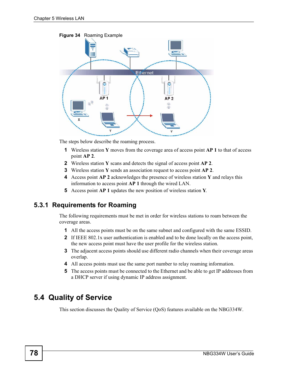 1 requirements for roaming, 4 quality of service, Figure 34 roaming example | ZyXEL Communications NBG334W User Manual | Page 78 / 296