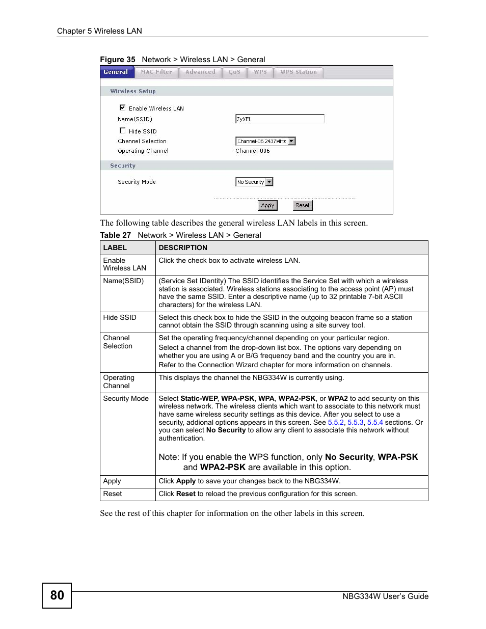 Figure 35 network > wireless lan > general, Table 27 network > wireless lan > general | ZyXEL Communications NBG334W User Manual | Page 80 / 296