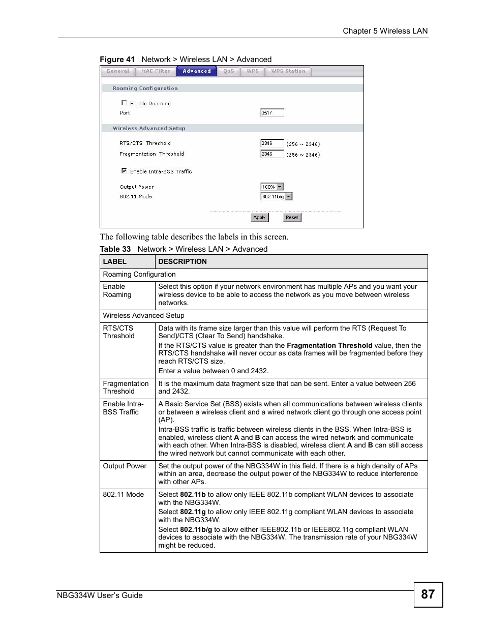 Figure 41 network > wireless lan > advanced, Table 33 network > wireless lan > advanced | ZyXEL Communications NBG334W User Manual | Page 87 / 296