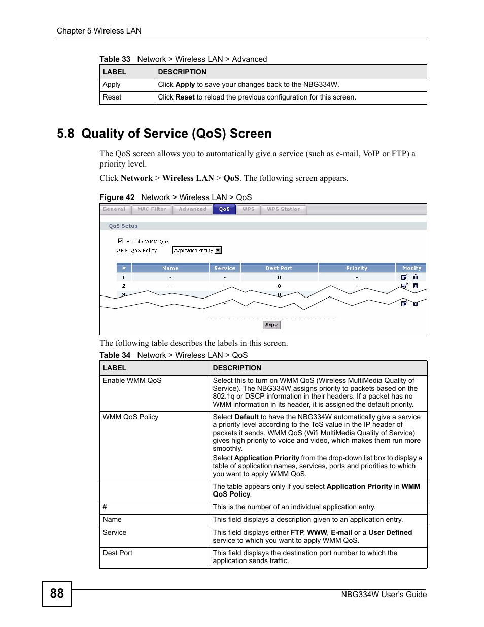 8 quality of service (qos) screen, Figure 42 network > wireless lan > qos, Table 34 network > wireless lan > qos | 88 5.8 quality of service (qos) screen | ZyXEL Communications NBG334W User Manual | Page 88 / 296