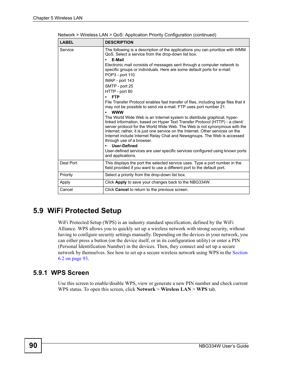 9 wifi protected setup, 1 wps screen, 90 5.9 wifi protected setup | ZyXEL Communications NBG334W User Manual | Page 90 / 296