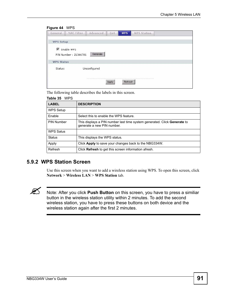 2 wps station screen, Figure 44 wps, Table 35 wps | ZyXEL Communications NBG334W User Manual | Page 91 / 296