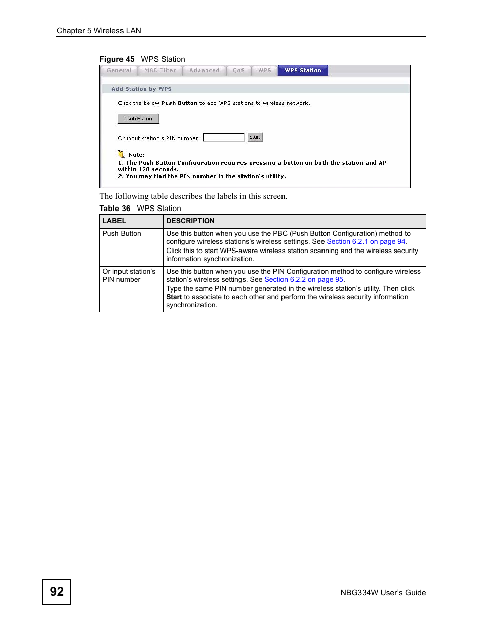 Figure 45 wps station, Table 36 wps station | ZyXEL Communications NBG334W User Manual | Page 92 / 296