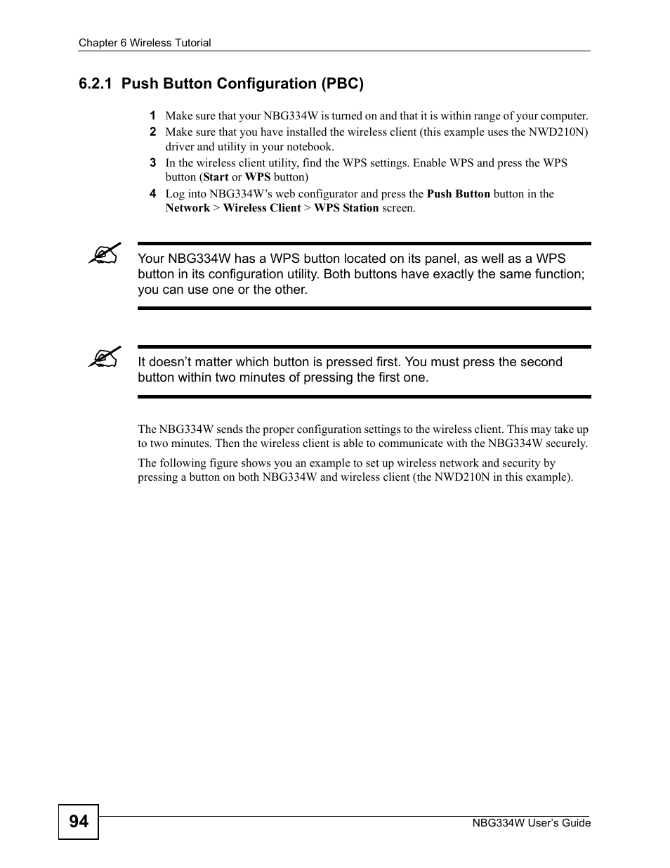 1 push button configuration (pbc) | ZyXEL Communications NBG334W User Manual | Page 94 / 296