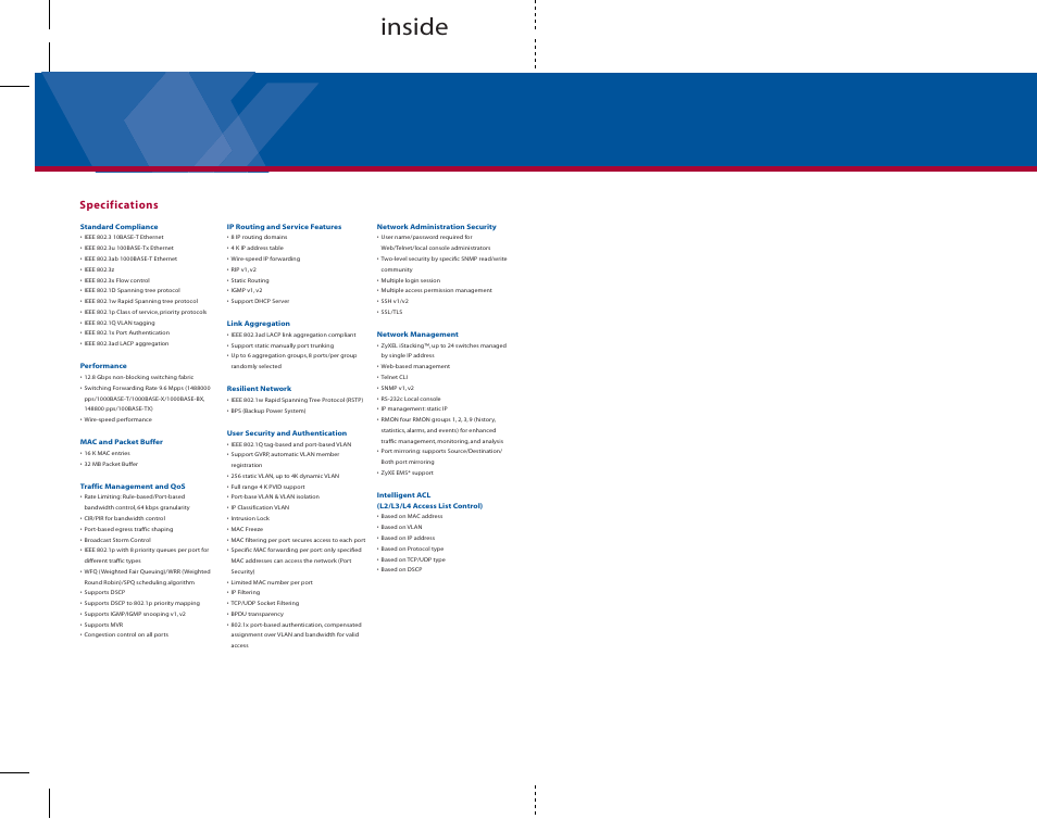 Inside, Specifications | ZyXEL Communications ZyXEL Dimension ES-2724 User Manual | Page 2 / 4