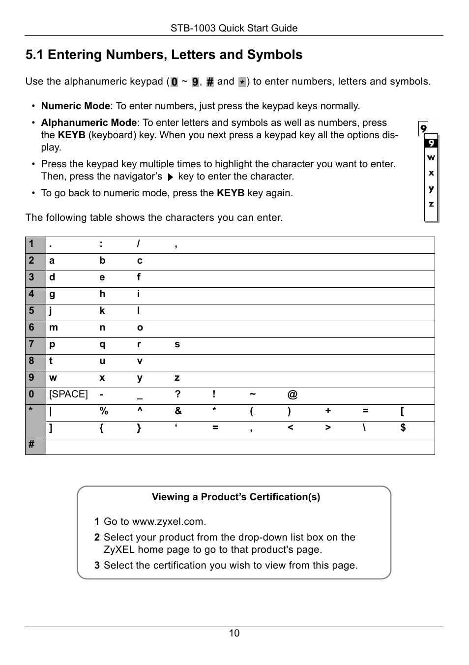 1 entering numbers, letters and symbols, Symbols (see, Entering numbers, letters and | Symbols | ZyXEL Communications STB-1003 User Manual | Page 11 / 11