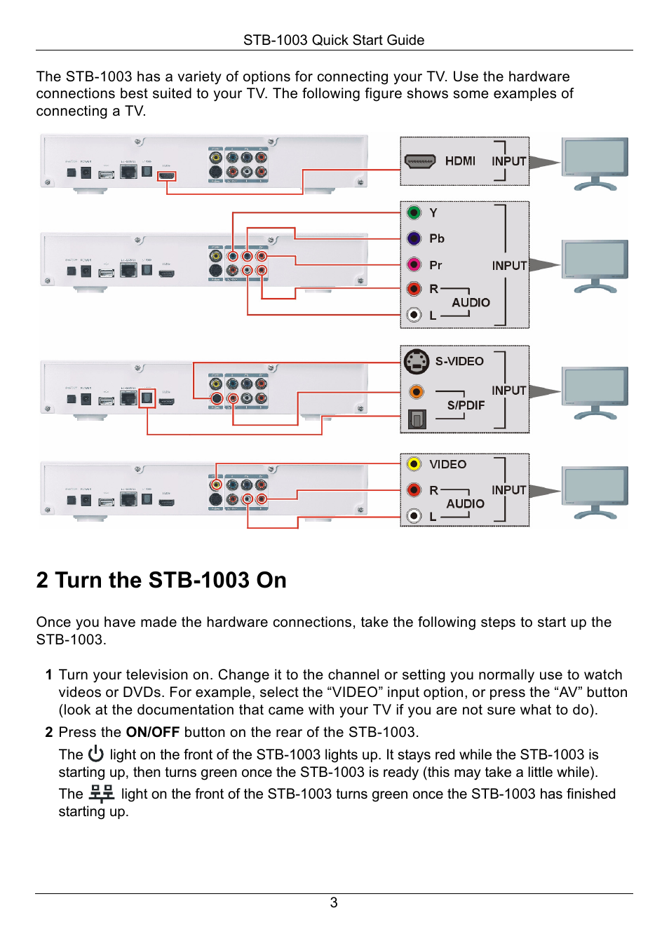 2 turn the stb-1003 on, Turn the stb-1003 on | ZyXEL Communications STB-1003 User Manual | Page 4 / 11