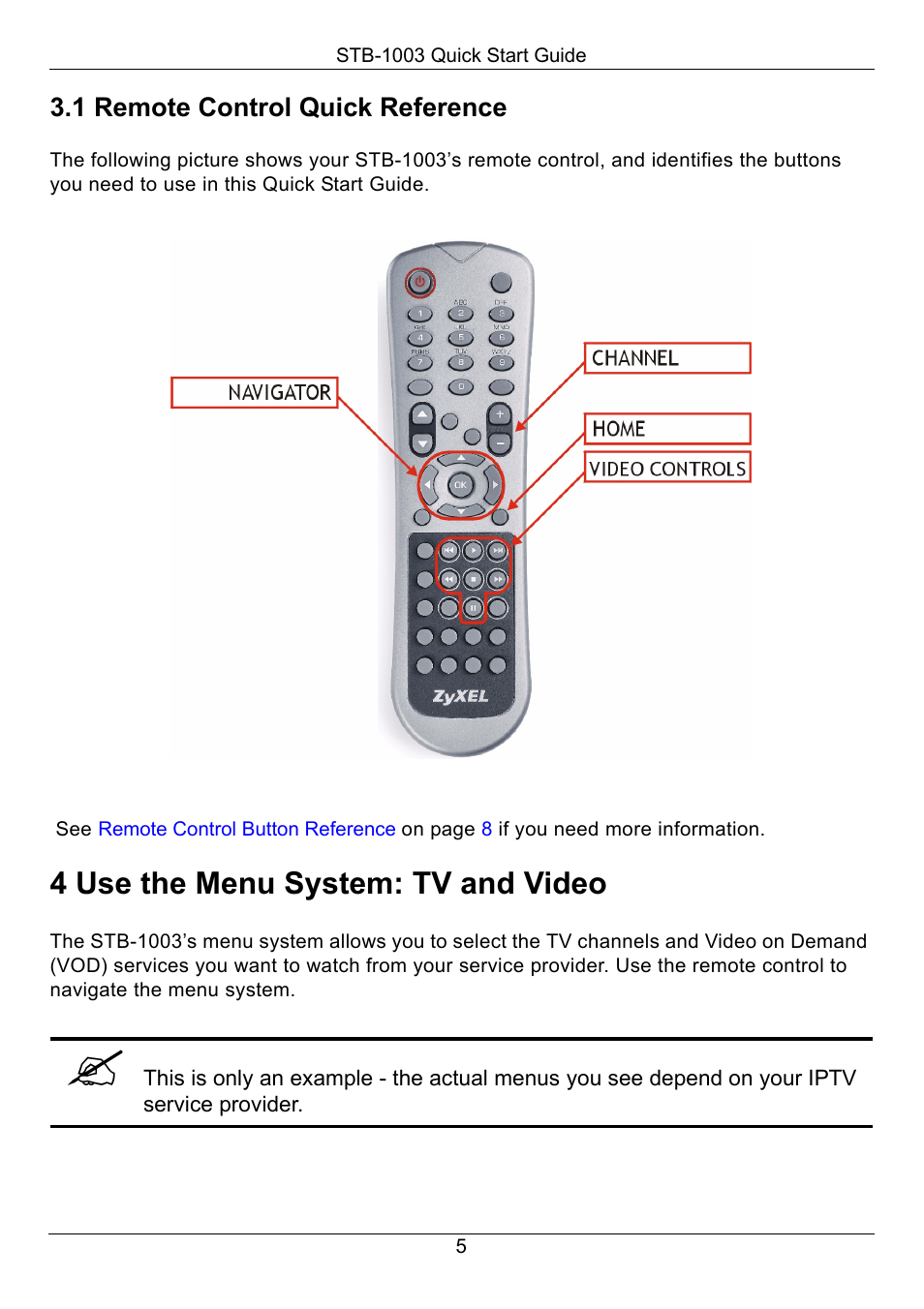1 remote control quick reference, 4 use the menu system: tv and video, Use the menu system: tv and video | ZyXEL Communications STB-1003 User Manual | Page 6 / 11