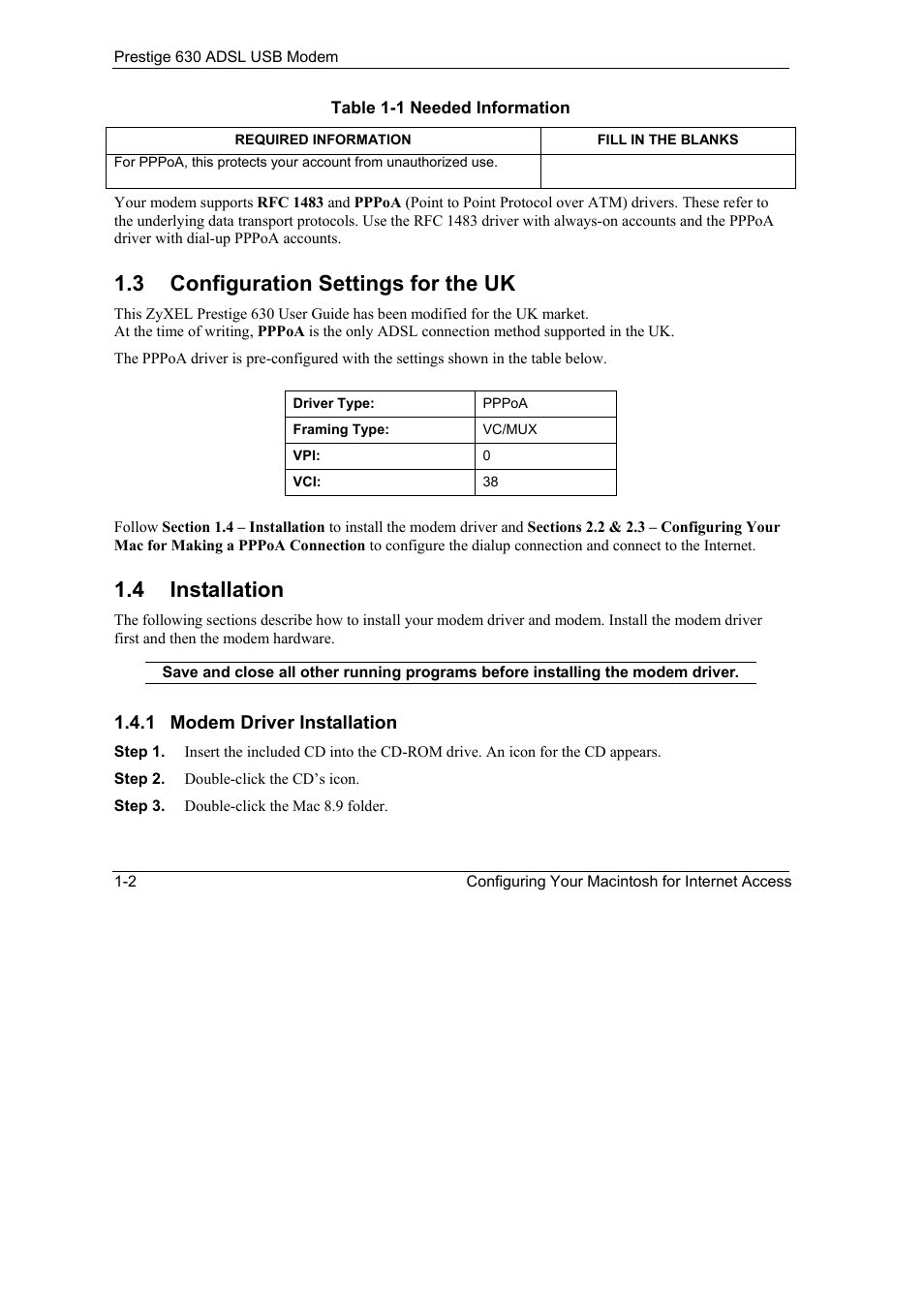 Installation -2, 3 configuration settings for the uk, 4 installation | ZyXEL Communications 630 User Manual | Page 14 / 38
