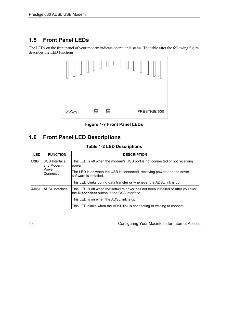 Front panel leds -6, Front panel led descriptions -6, Figure 1-7 front panel leds -6 | Table 1-2 led descriptions -6, 5 front panel leds, 6 front panel led descriptions | ZyXEL Communications 630 User Manual | Page 18 / 38