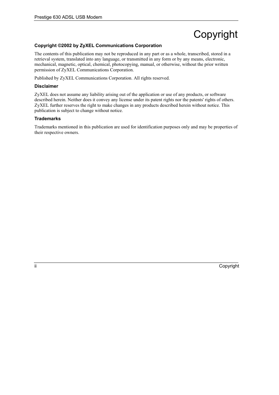 Copyright | ZyXEL Communications 630 User Manual | Page 2 / 38