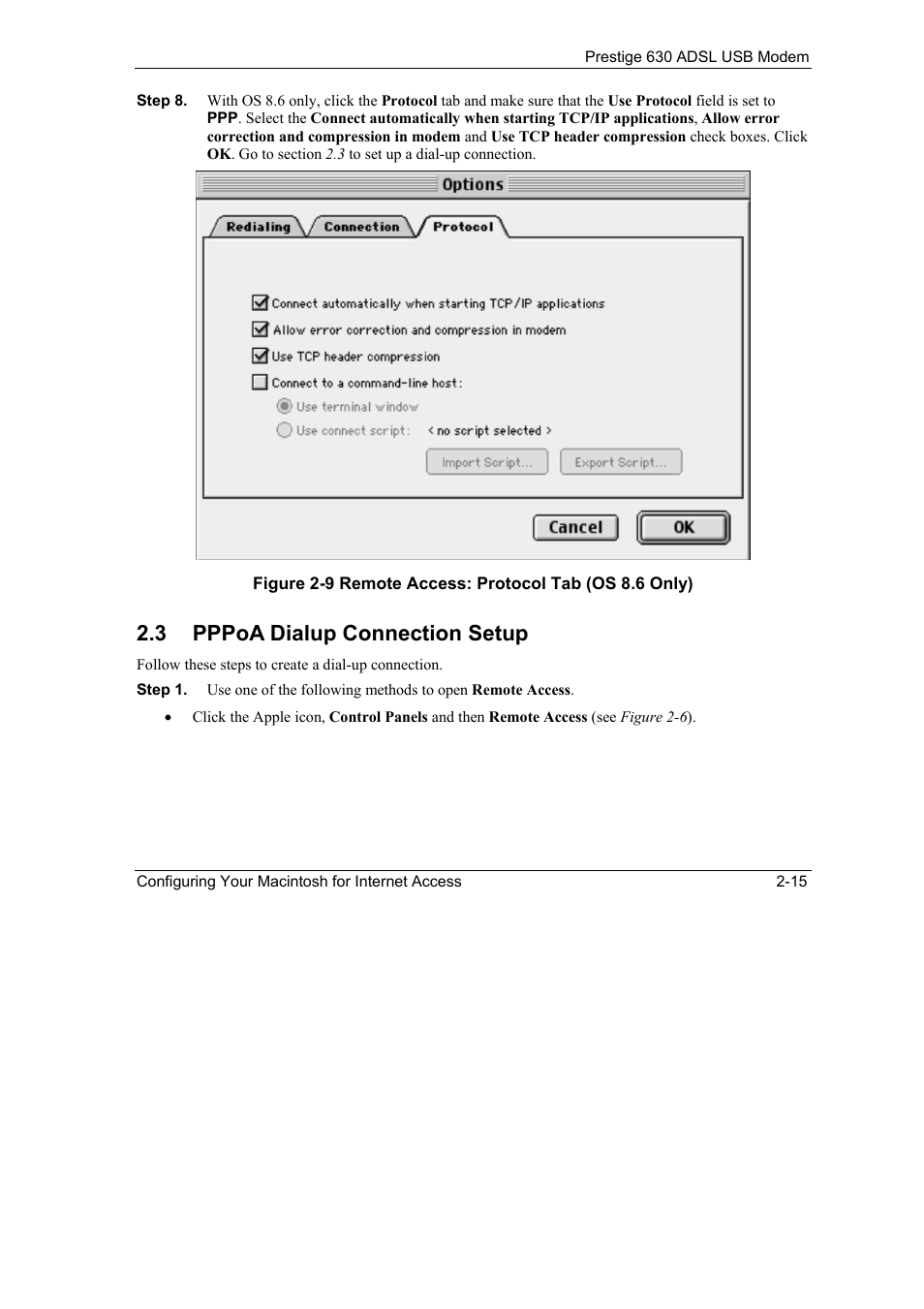Pppoa dialup connection setup -15, 3 pppoa dialup connection setup | ZyXEL Communications 630 User Manual | Page 27 / 38