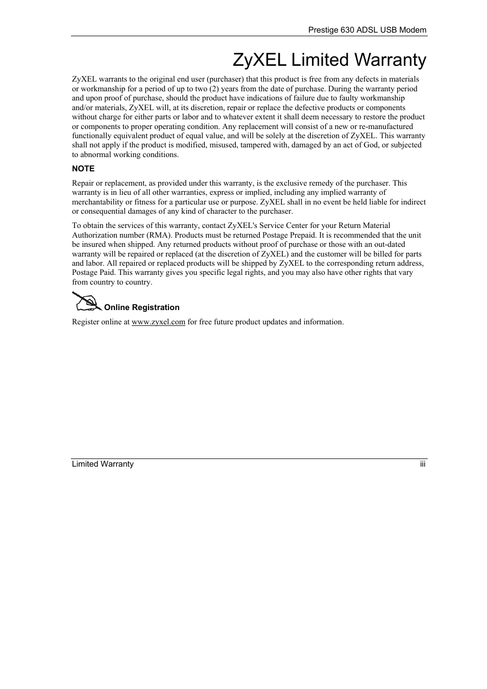 Zyxel limited warranty | ZyXEL Communications 630 User Manual | Page 3 / 38