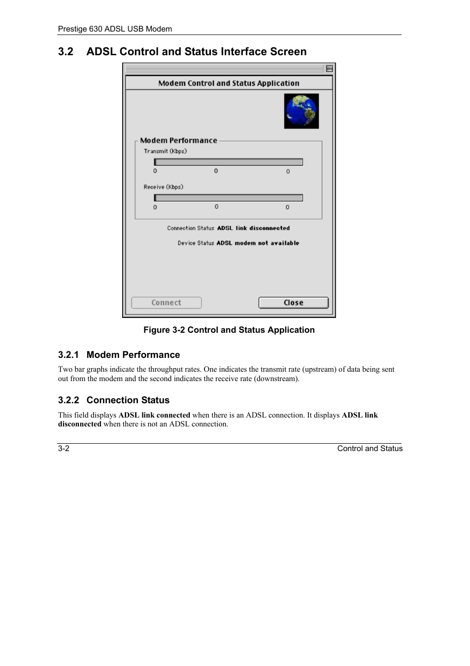 Adsl control and status interface screen -2, Figure 3-2 control and status application -2, 2 adsl control and status interface screen | ZyXEL Communications 630 User Manual | Page 30 / 38