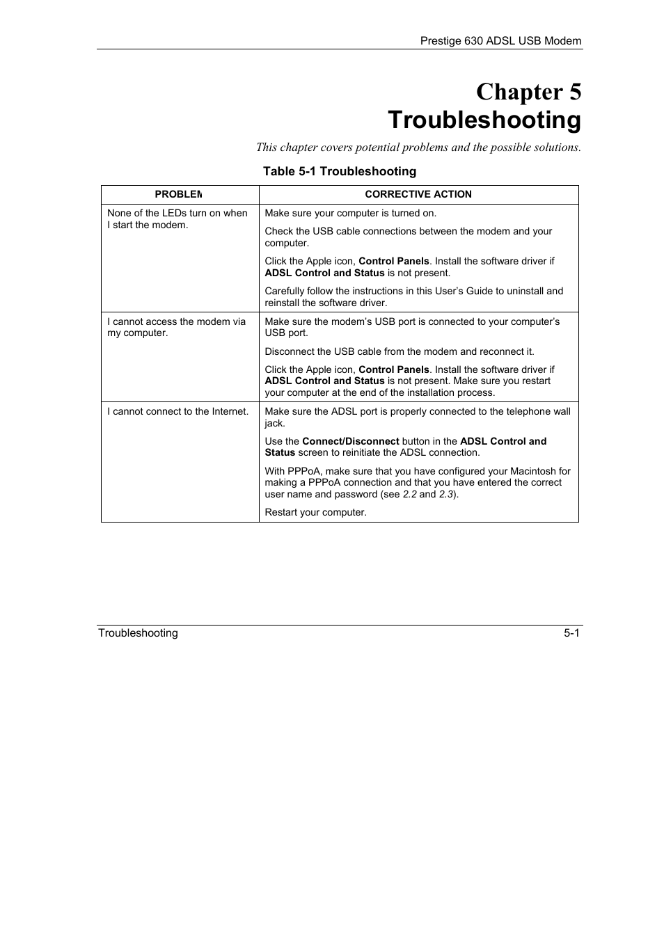 Chapter 5 troubleshooting -1, Table 5-1 troubleshooting -1, Chapter 5 troubleshooting | ZyXEL Communications 630 User Manual | Page 35 / 38