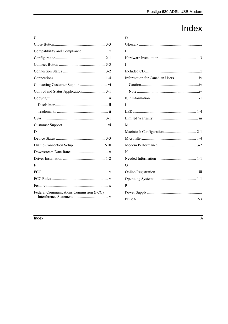 Index | ZyXEL Communications 630 User Manual | Page 37 / 38