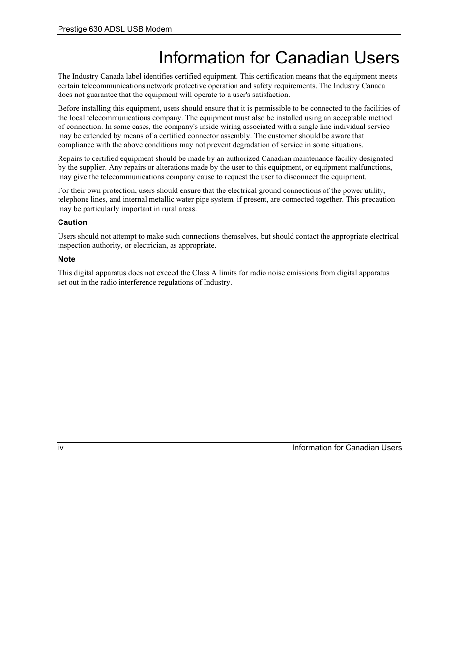 Information for canadian users | ZyXEL Communications 630 User Manual | Page 4 / 38