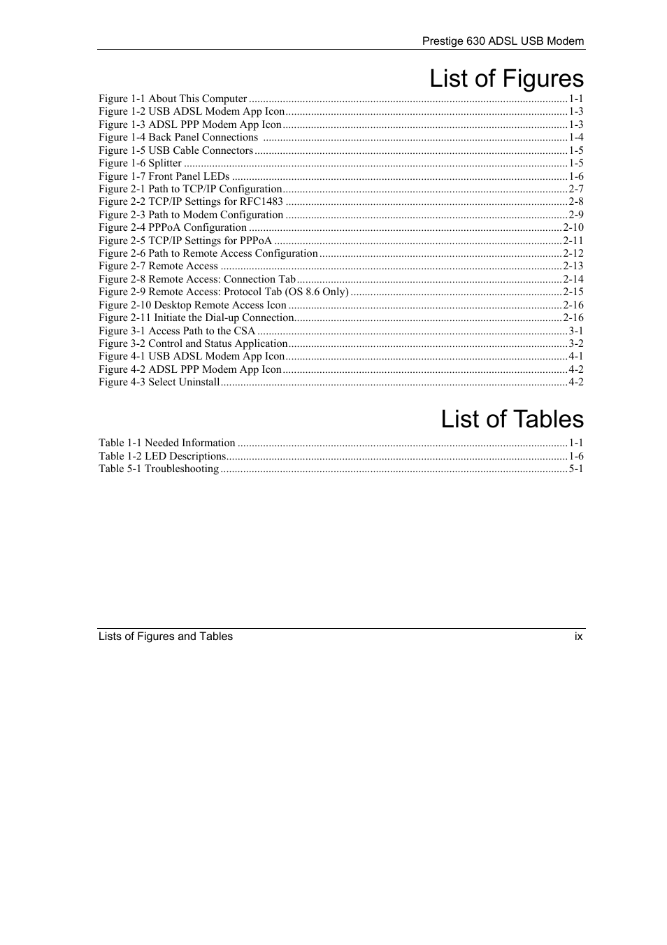 List of figures, List of tables | ZyXEL Communications 630 User Manual | Page 9 / 38