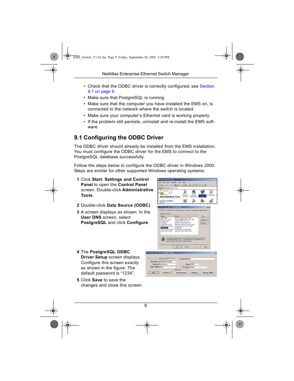1 configuring the odbc driver, 2 double-click data source (odbc) | ZyXEL Communications ZyXEL Dimension ES-2024A User Manual | Page 9 / 9