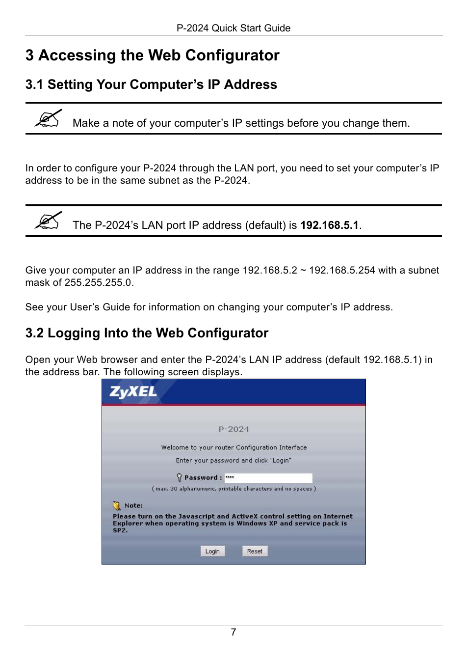 3 accessing the web configurator, 1 setting your computer’s ip address, 2 logging into the web configurator | Accessing the web configurator | ZyXEL Communications P-2024 User Manual | Page 8 / 17