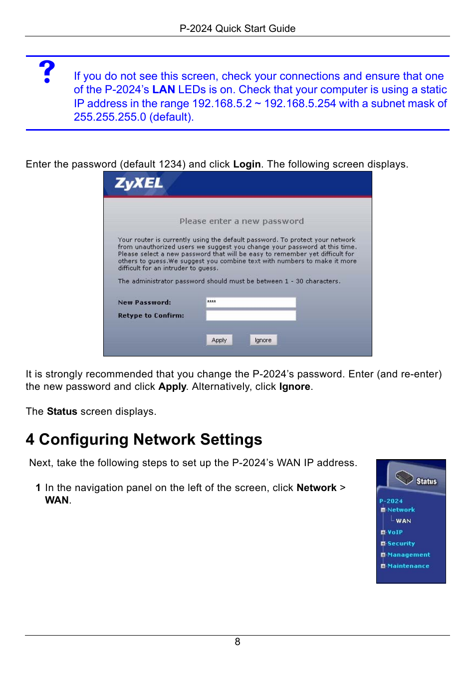 4 configuring network settings, Configuring network settings | ZyXEL Communications P-2024 User Manual | Page 9 / 17