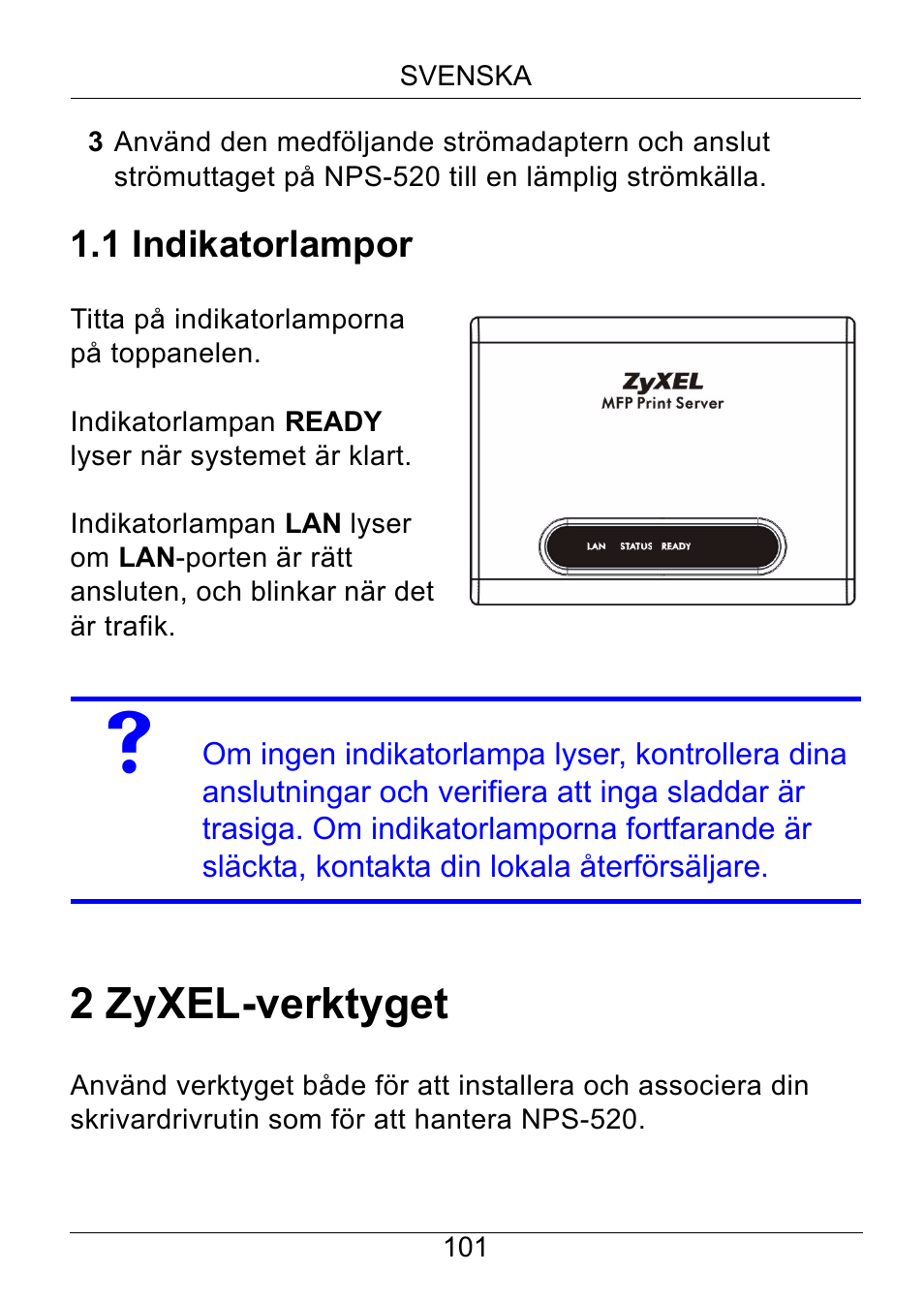 1 indikatorlampor, 2 zyxel-verktyget | ZyXEL Communications NPS-520 User Manual | Page 102 / 115